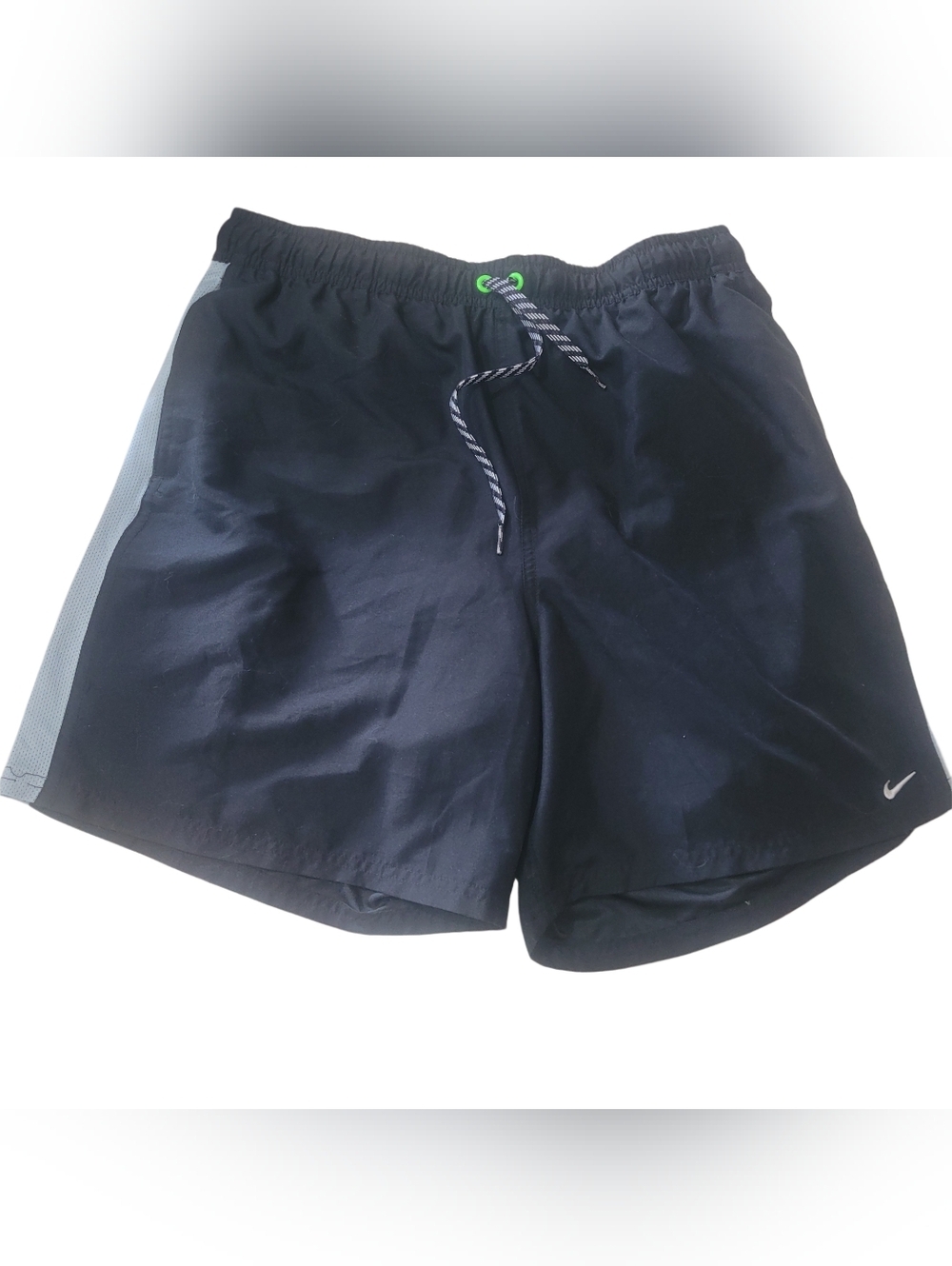 Nike Men's Lined Swim Shorts In Black With Grey And Green Stripes Size L